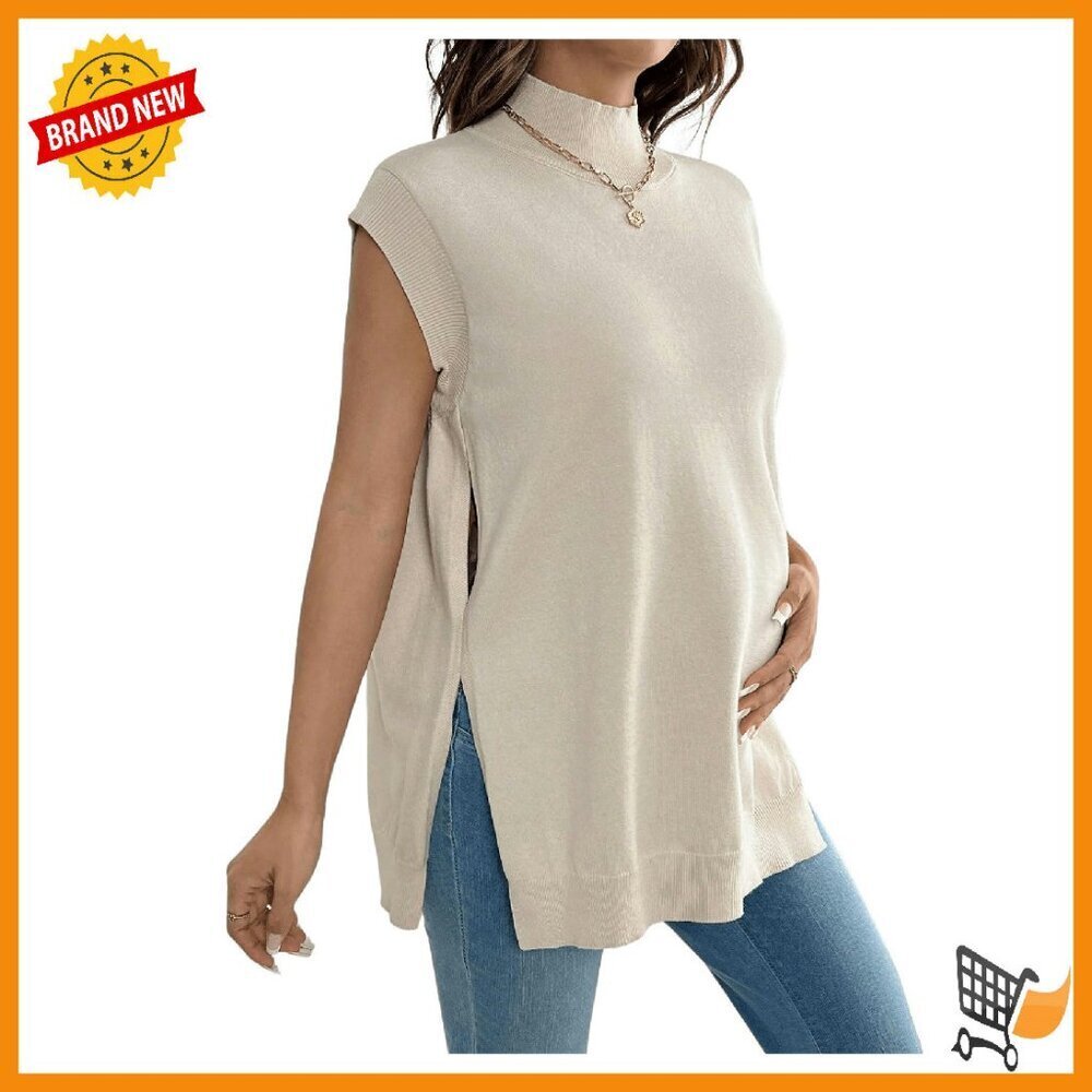 Maternity Turtleneck Sweater Vest Mock Neck Sleeveless Slit Hem Knit Top